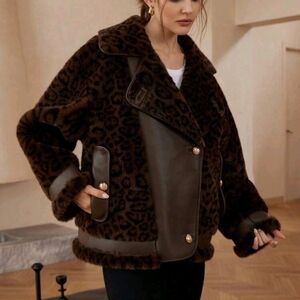 Modichic Collared Retro Random Leopard Fluffy Leather Patchwork Loose Fit Jacket